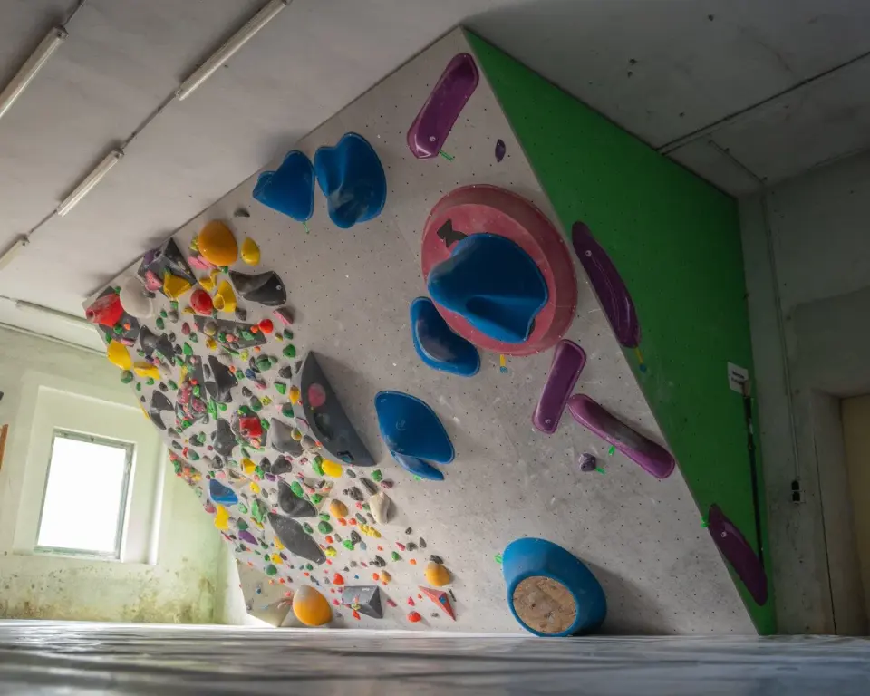 Steep overhanging wall packed with small holds and blue volumes