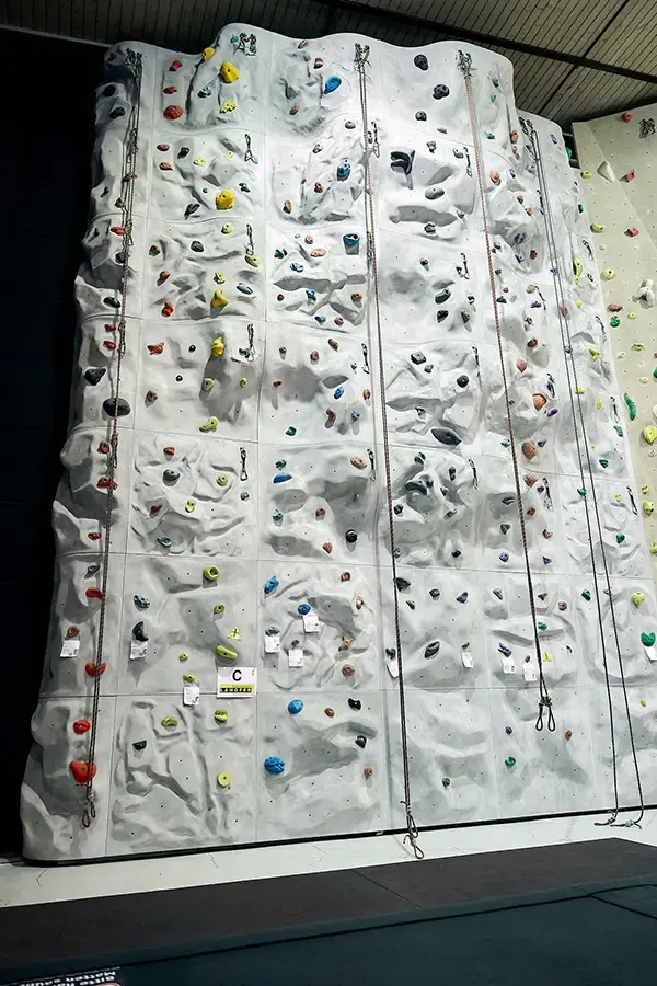 White rock-imitation wall with several top-rope lines