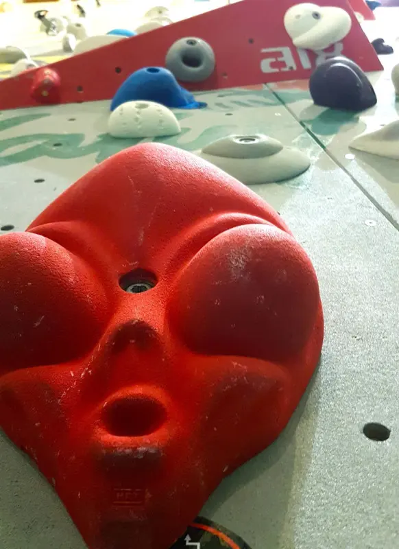 Red alien-face hold on the bouldering wall, with more holds behind