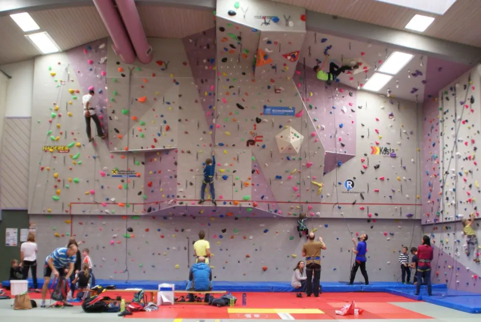 Climbers on roped routes up a tall wall with overhangs in a school sports hall, belayers on the mats