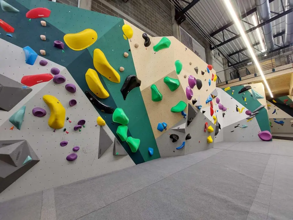 New bouldering wall in green, grey and plywood panels set with big coloured holds