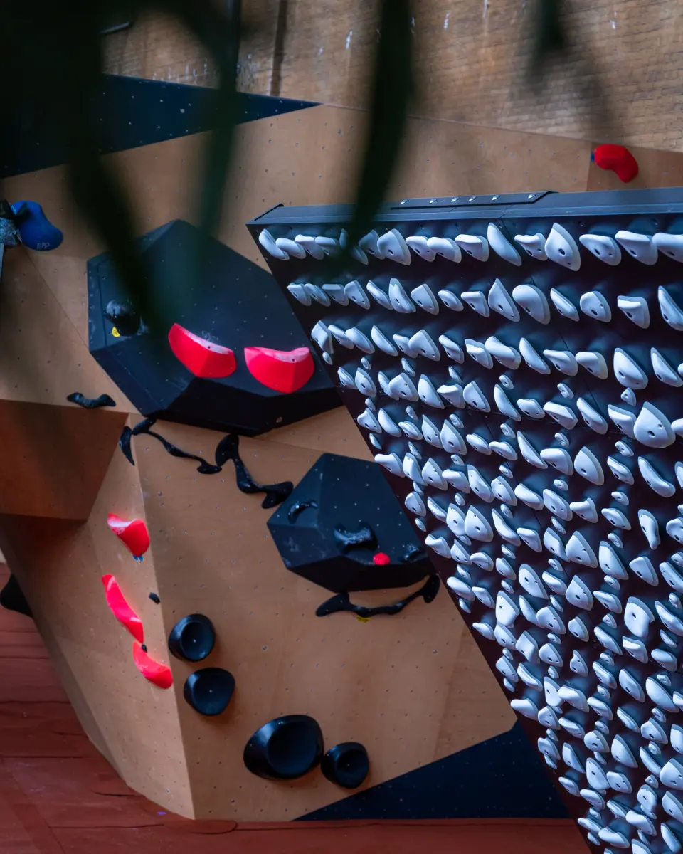 The Kilter Board's grid of white holds beside a plywood boulder