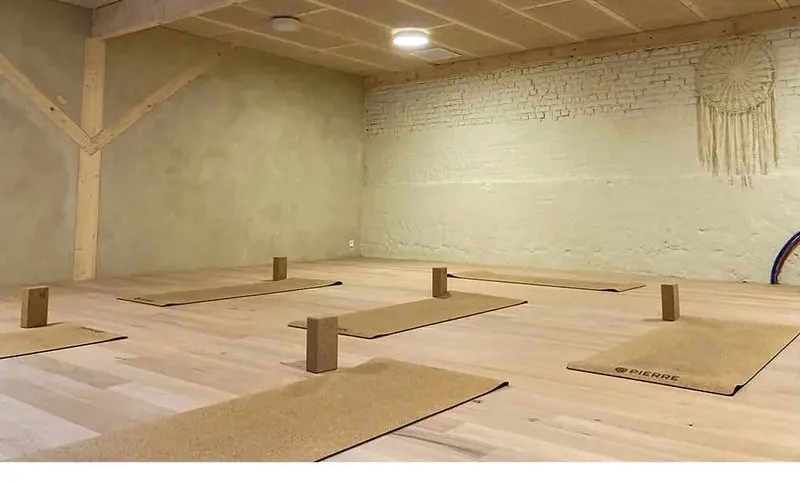 Yoga room with a wooden floor, cork mats and blocks