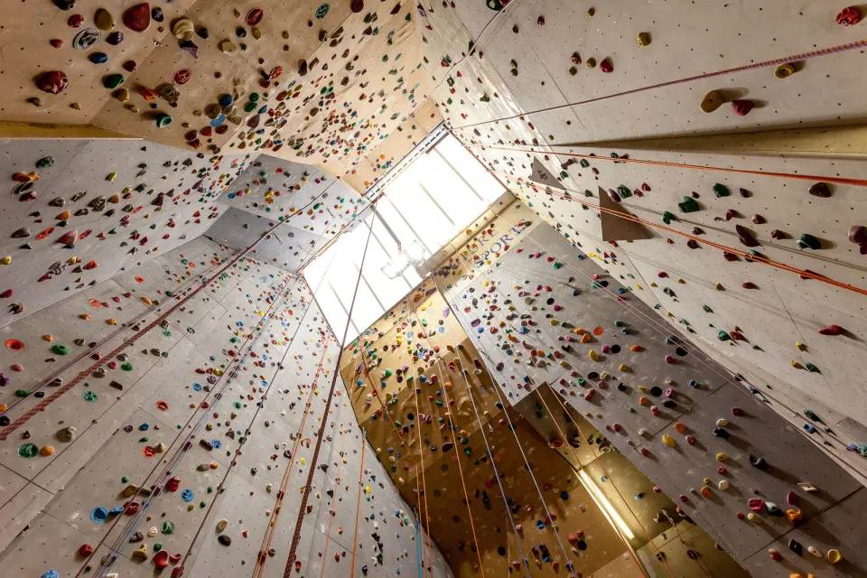 Looking up the tall climbing walls with top ropes towards a skylight, with the Future Sports name on the wall