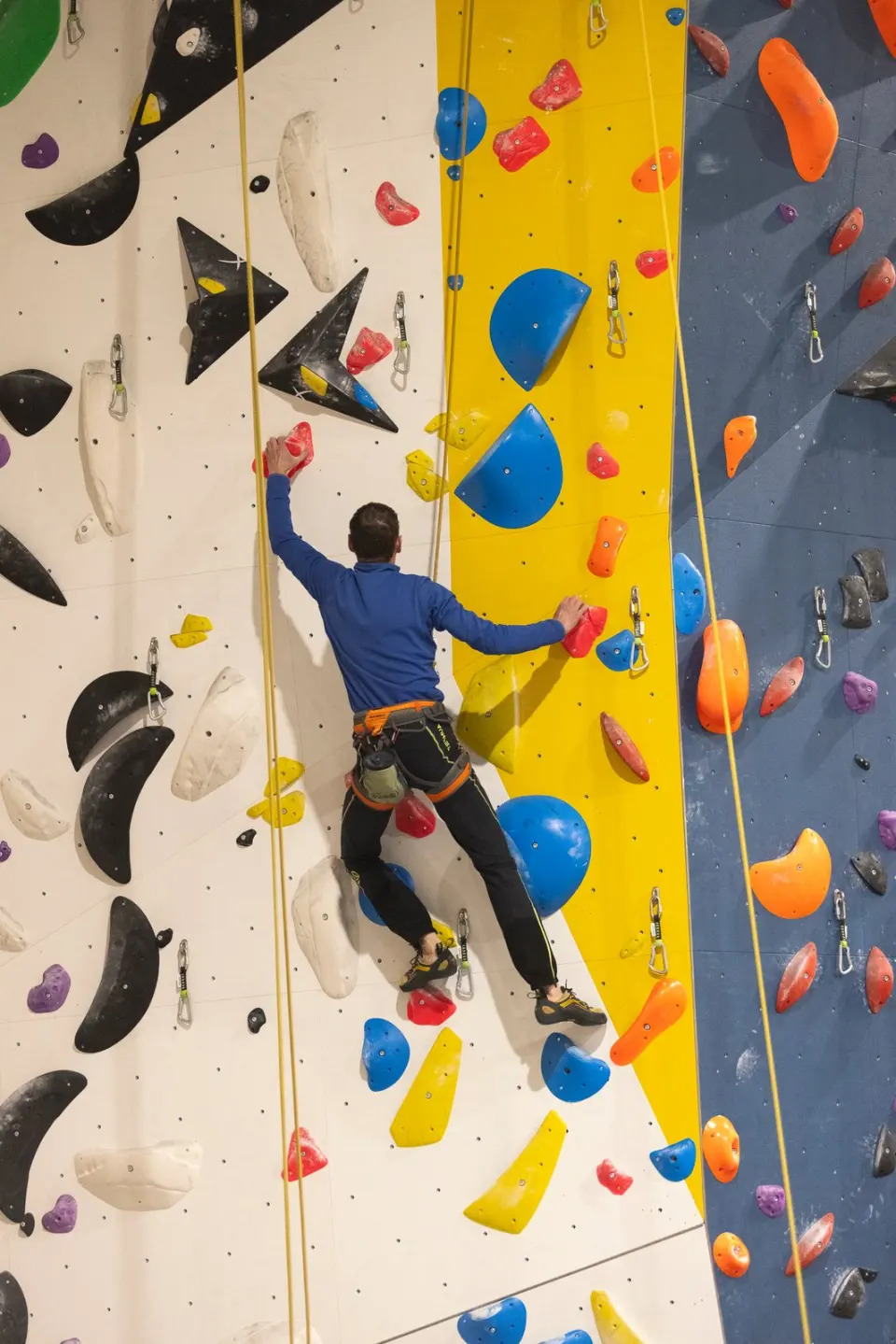 Climber on a rope route on the white, yellow and blue wall