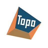 Topo logo: the name on a blue and orange angled block