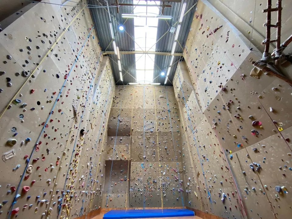 Looking up the 15-metre roped walls towards the skylight