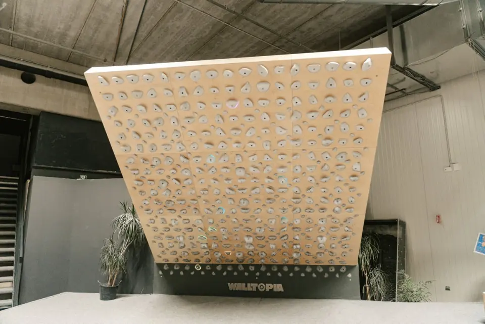 Kilter Board in light wood, set at an overhanging angle above the matting