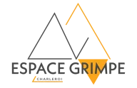 Espace Grimpe Charleroi logo, grey and yellow mountain outlines