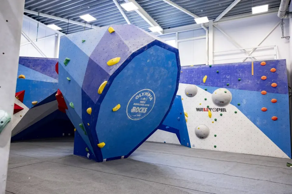 Blue freestanding boulder and bouldering walls under the hall's white steel roof