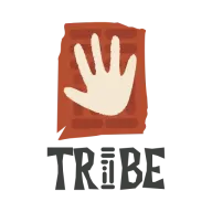 TRIBE logo: a pale handprint on a red block above the word TRIBE