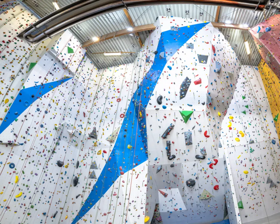 Panorama of the white rope walls with a blue stripe and numbered lines