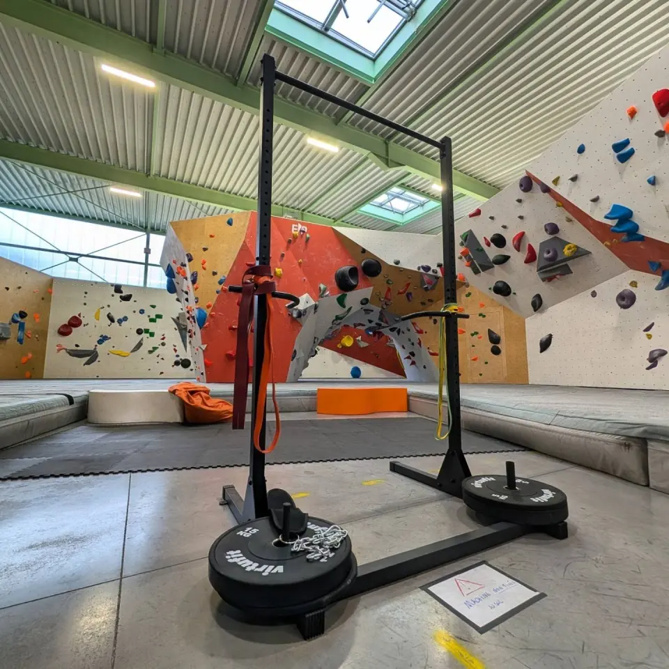 The bouldering hall and its prow, seen past the new pull-up station