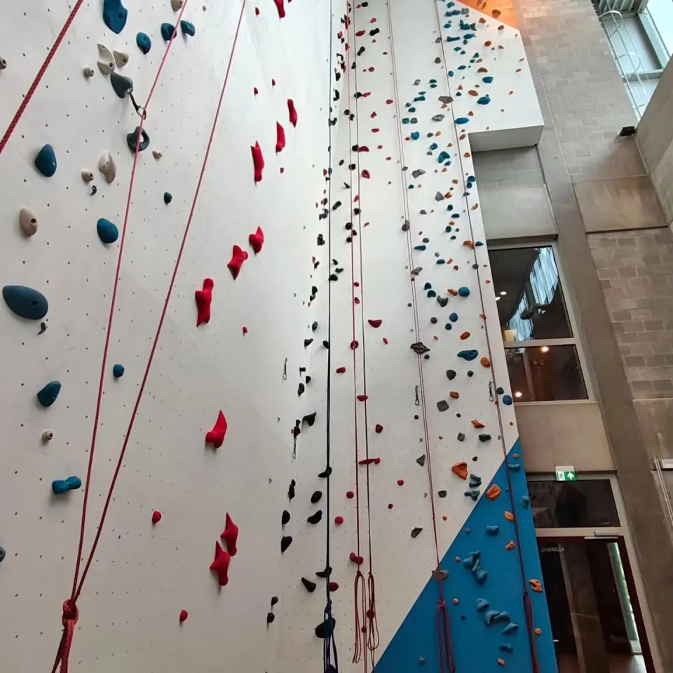 Looking up a tall white wall with ropes and coloured holds beside the hall's concrete stairwell