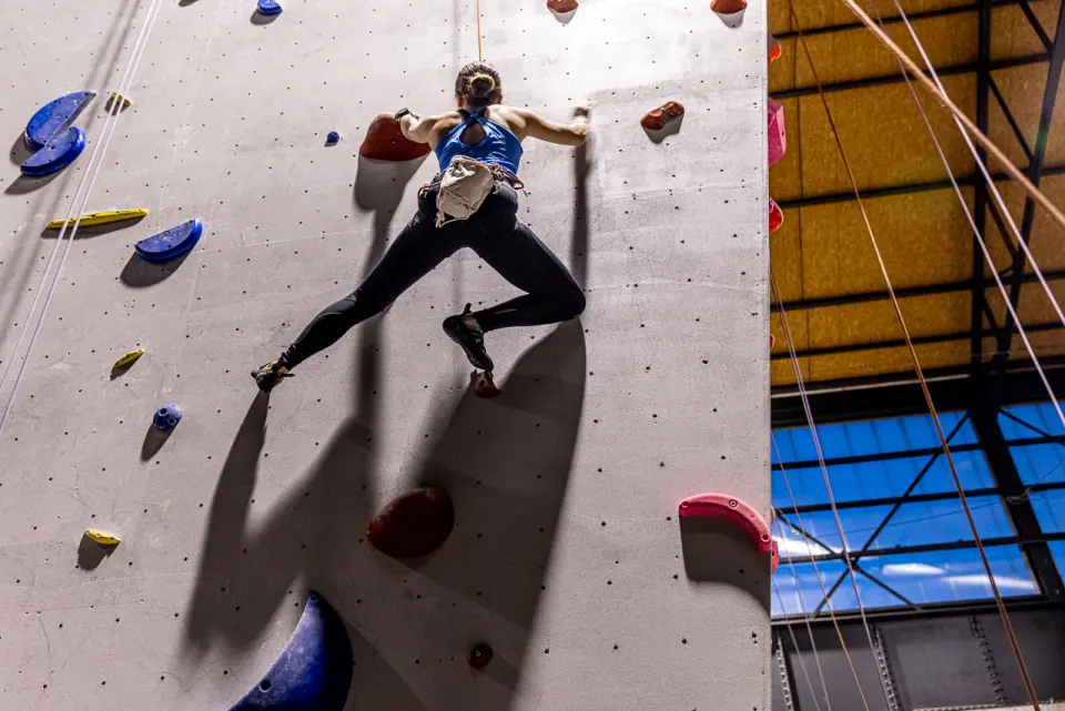 Climber on the grey roped wall, with the old train shed's steel roof and windows behind