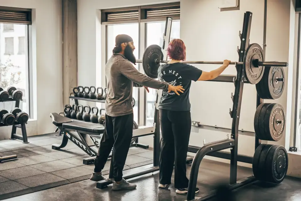 Free weights area on the gym floor