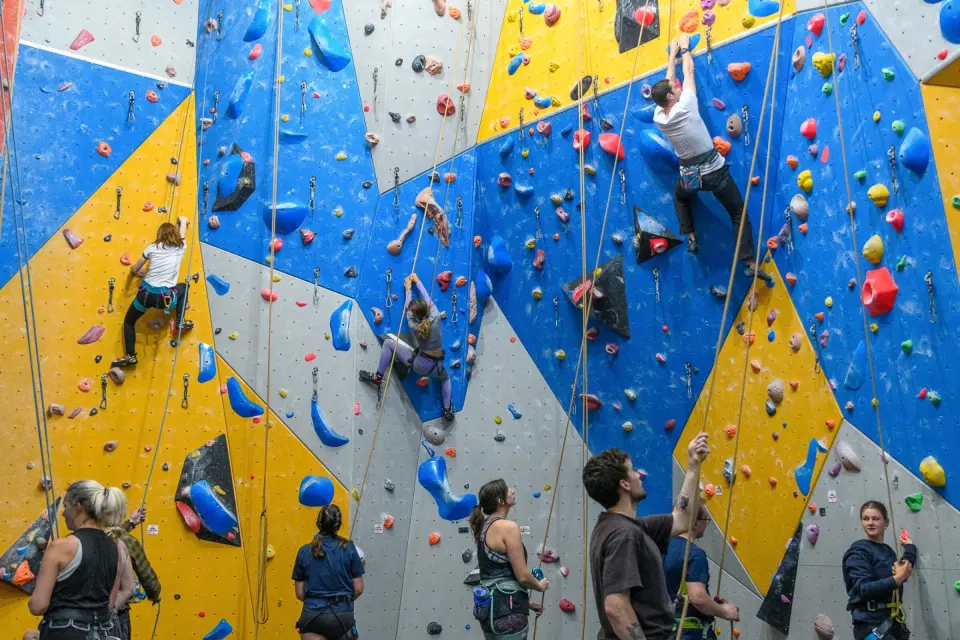 Climbers on roped routes across the blue and yellow walls