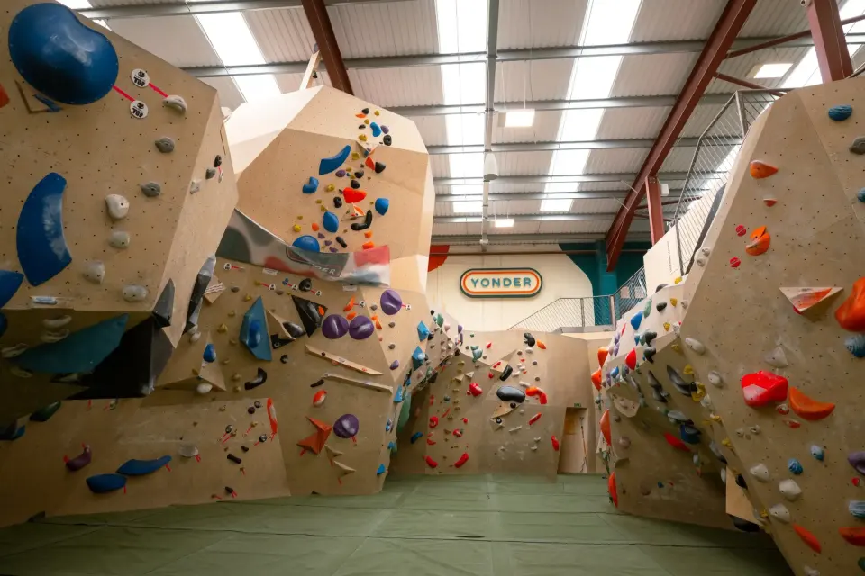 Plywood bouldering walls with coloured holds under the warehouse roof