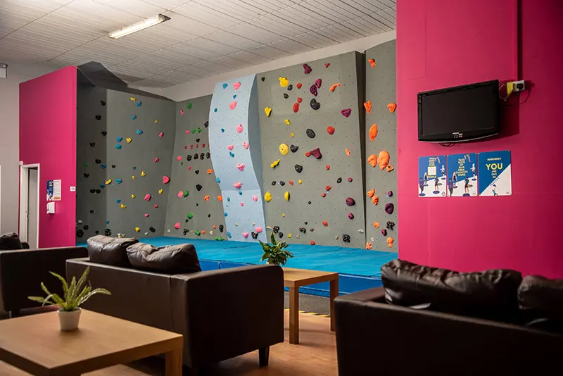 Beginner climbing area seen from the lounge sofas
