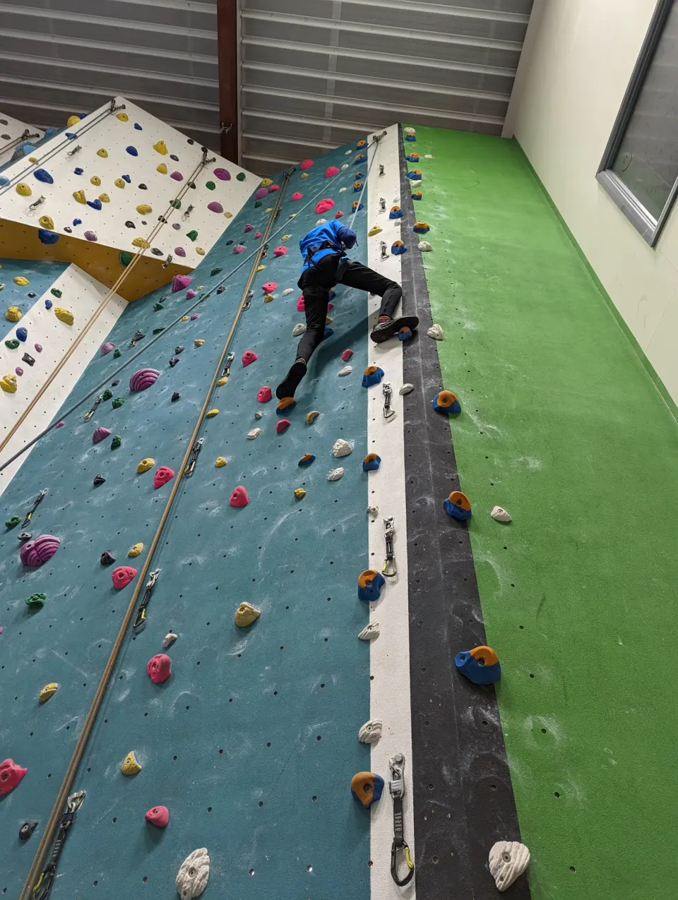 Top-rope climber on the teal and white wall