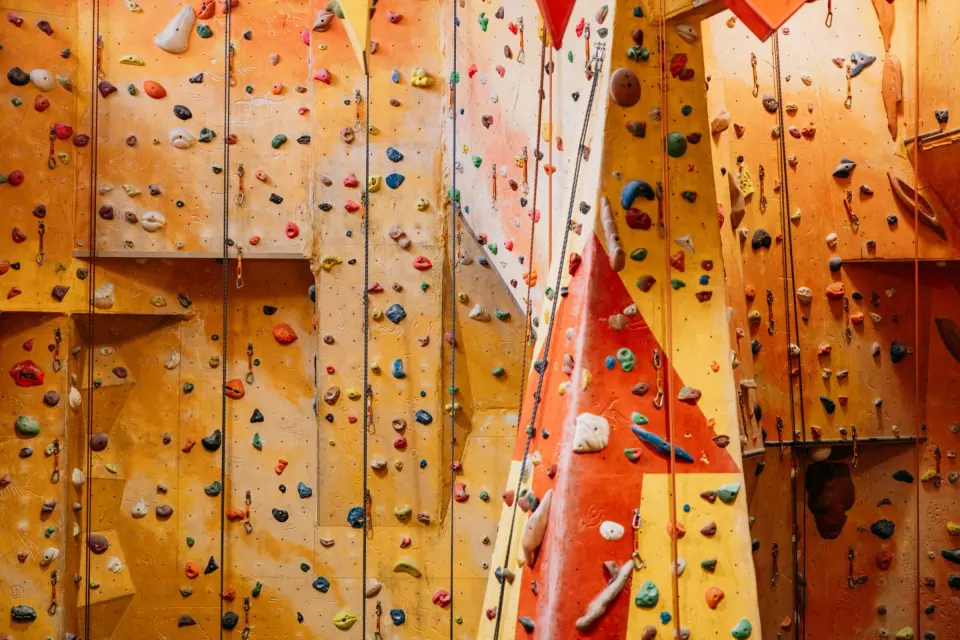 Orange and red 3D roped walls with ropes hanging in the main room