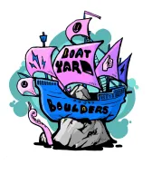 Boatyard Boulders logo: a pirate ship on a boulder