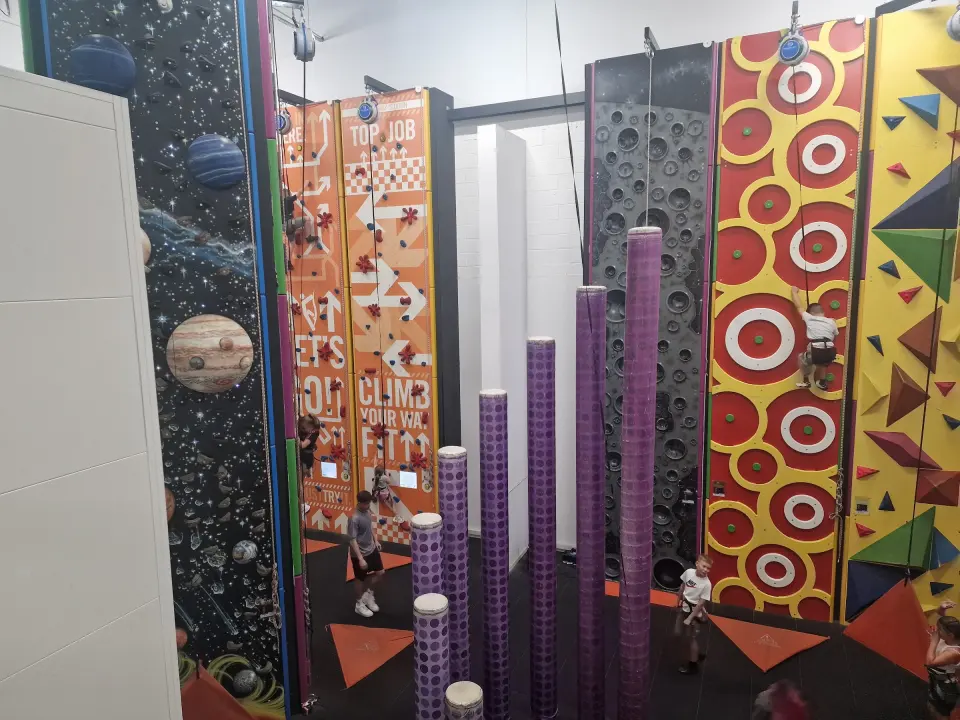 Space-themed wall, target wall and purple climbing columns