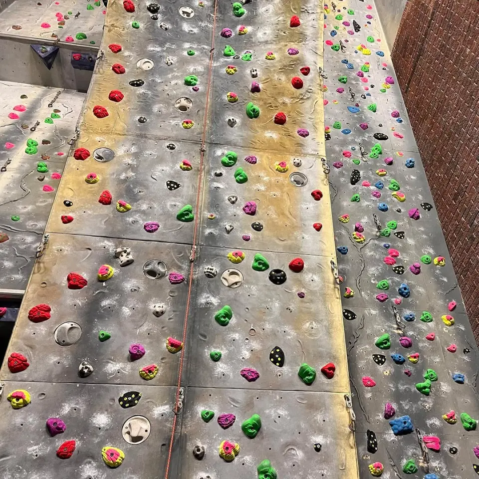 Panels of the tall lead wall covered in coloured holds