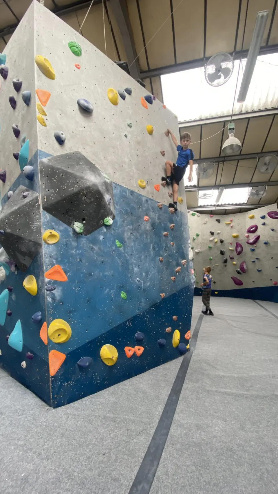 Freestanding boulder with a blue base and colourful holds