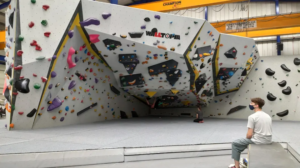 Overhanging feature boulder in the main bouldering hall