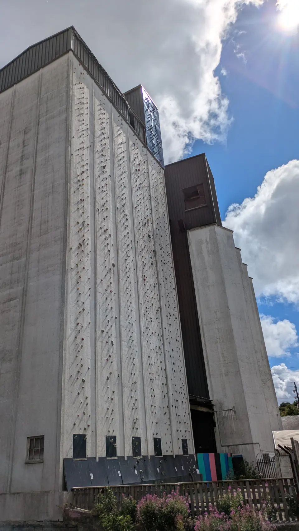ROKTFACE outdoor climbing wall up the side of the mill silo