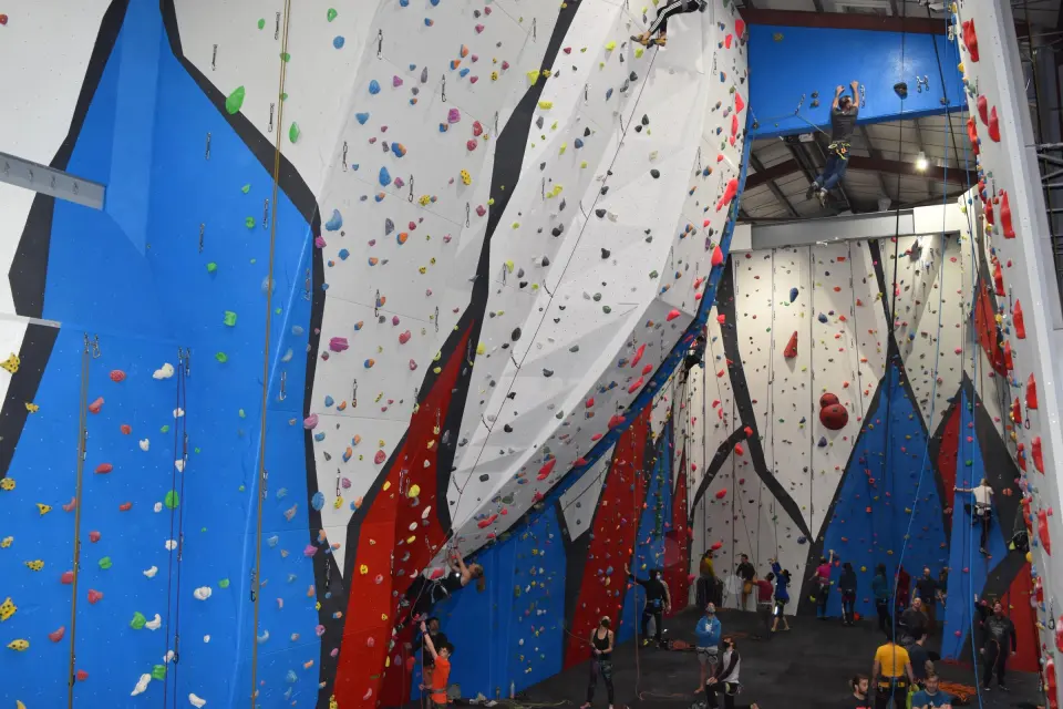 The main hall of roped climbing walls in red, blue and white