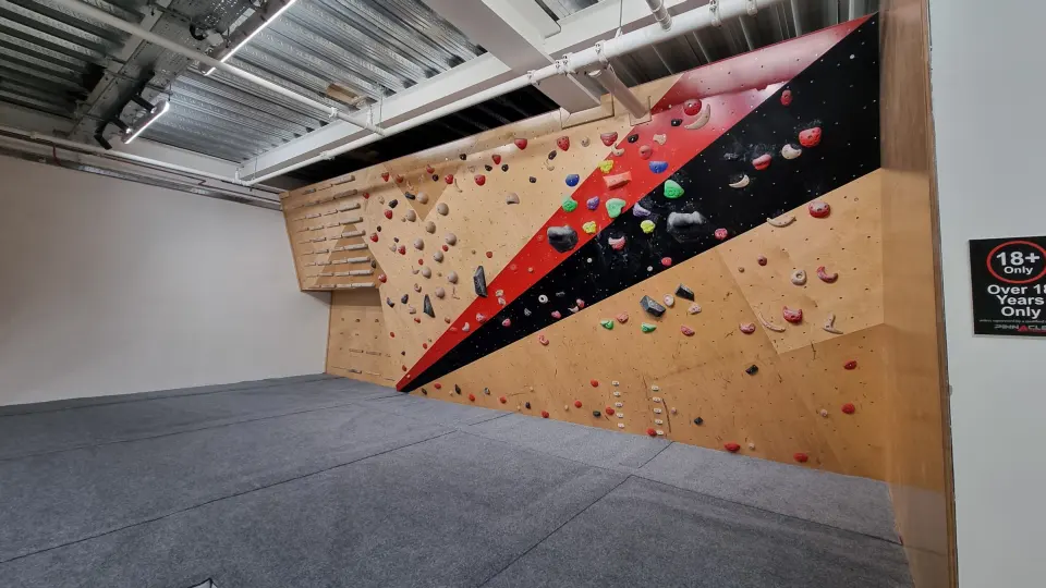 Wooden bouldering wall with a red and black steep section