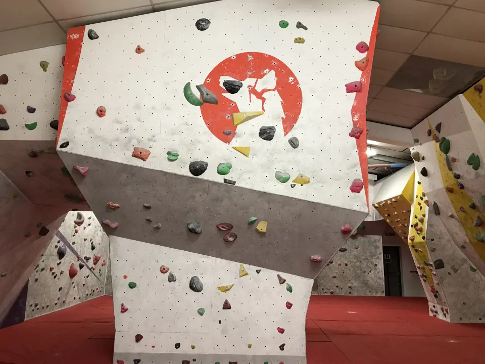 Main bouldering block with the Den's wolf logo