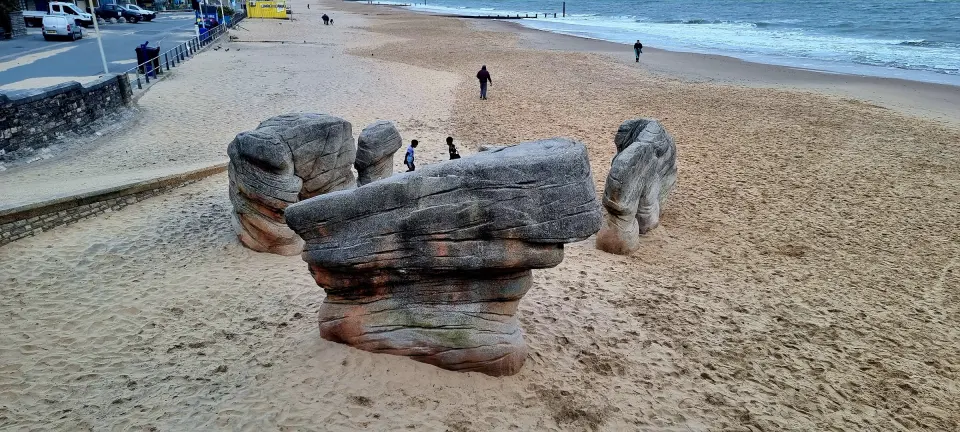 Sculpted climbing boulders on the sand at Boscombe beach