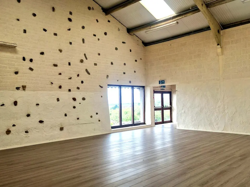 Climbing holds on the barn wall beside the window