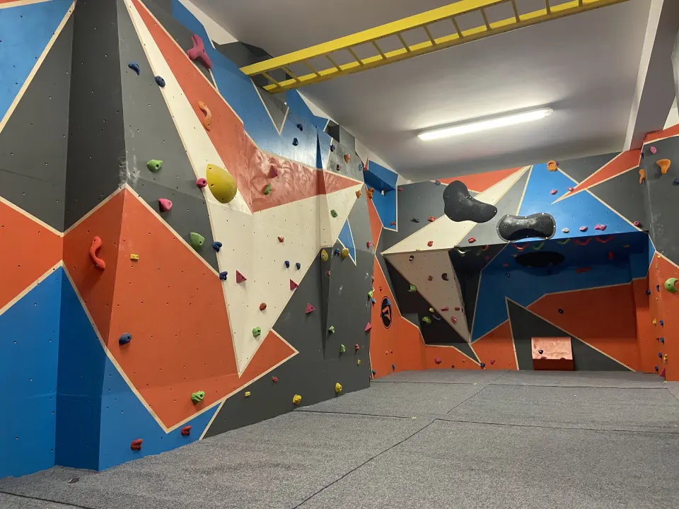 Orange, blue and grey bouldering walls with a roof section and campus ladder