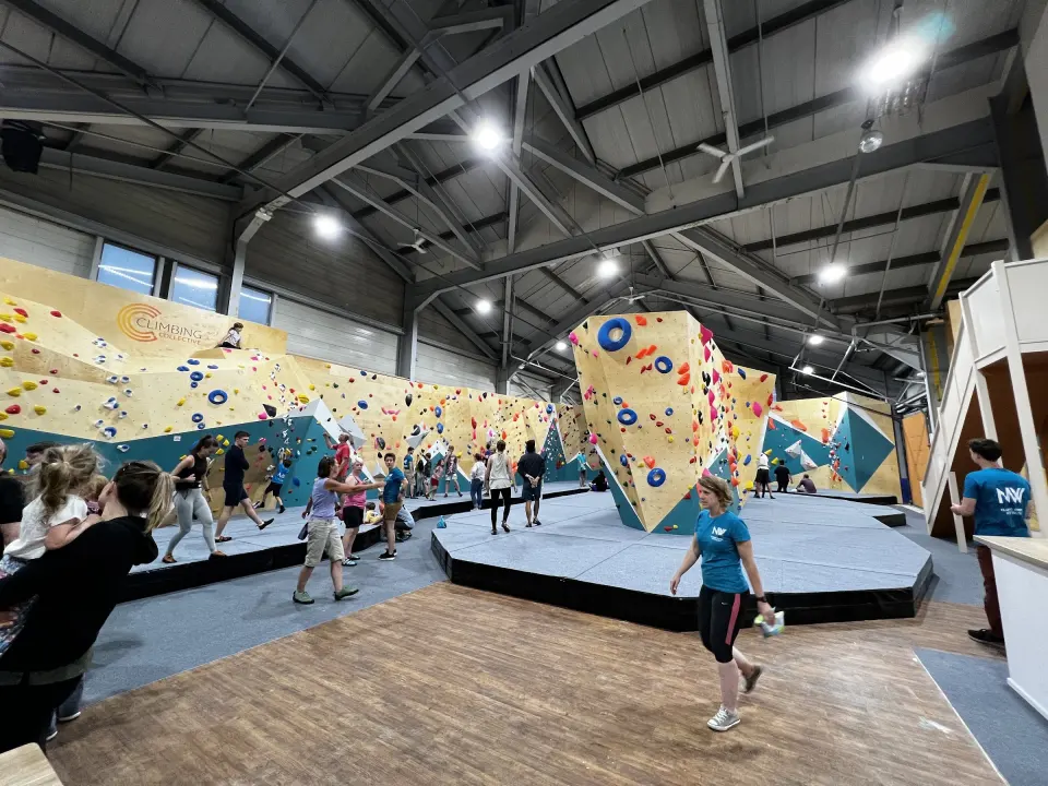Climbers around the central bouldering island