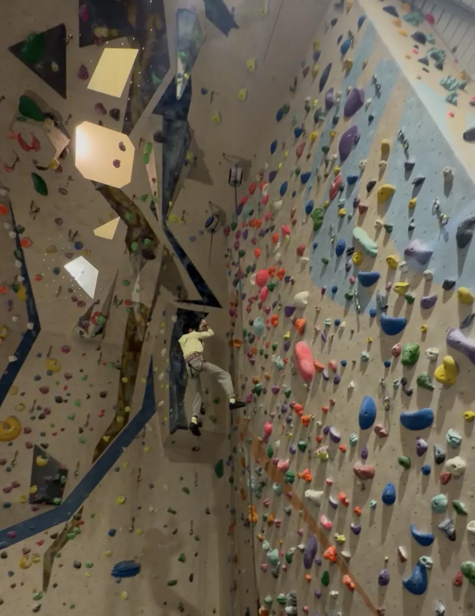 Climber on a tall rope wall with grey and blue panels