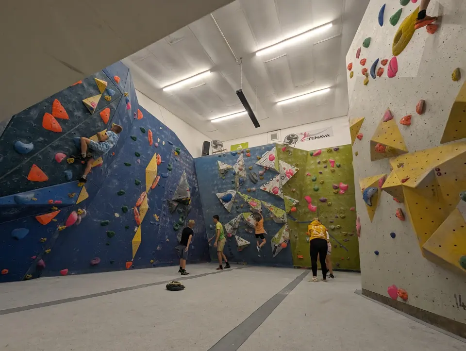 Climbers in a bouldering room with blue, green and white walls