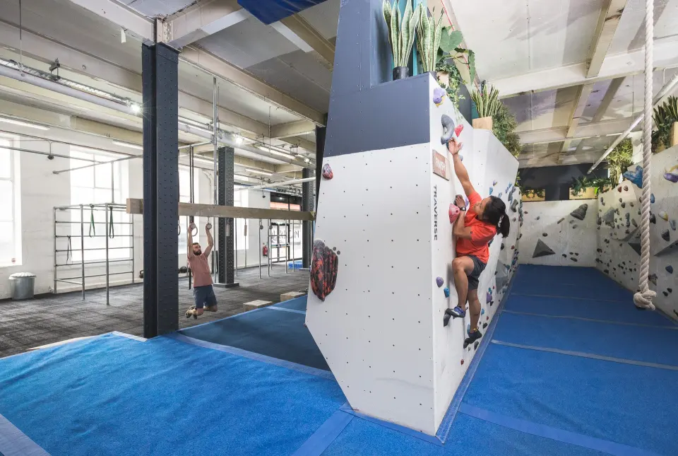 Traverse wall with a rope swing, with the training area behind