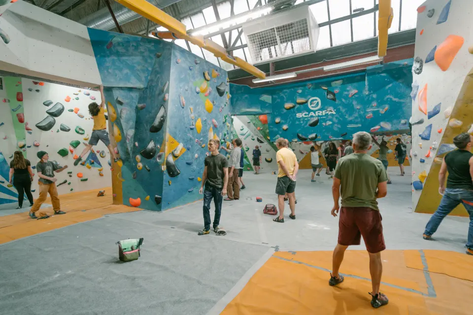 The main bouldering hall with the competition wall and padded floor