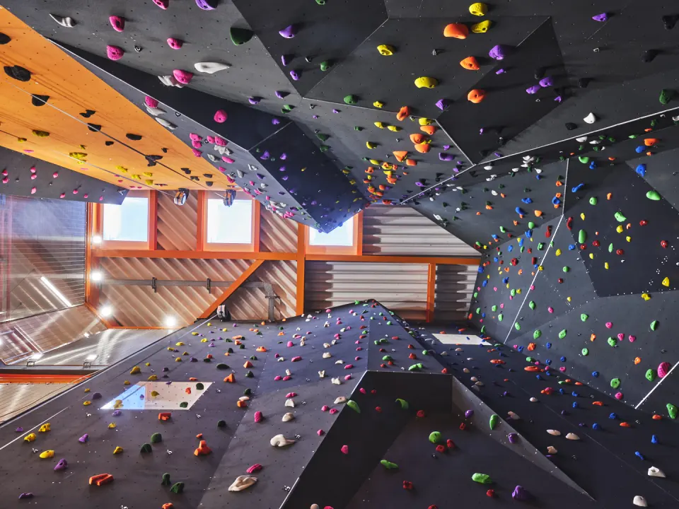Overhanging roof sections on the roped climbing walls