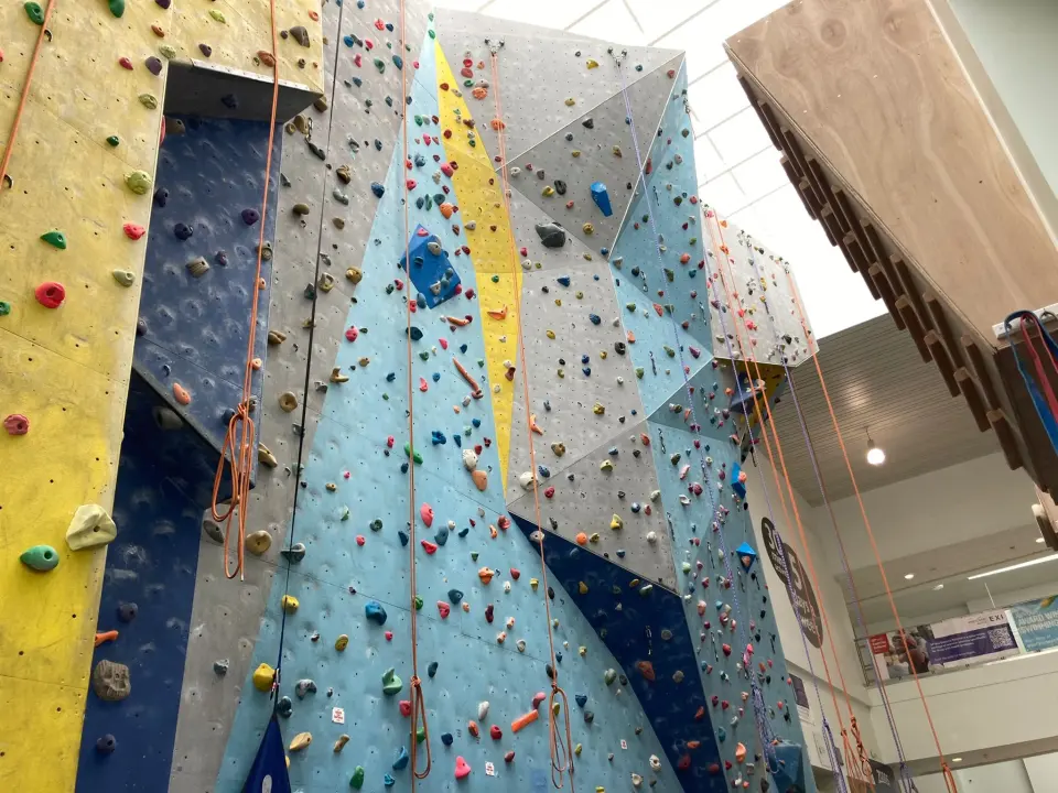 Tall roped climbing walls with yellow, blue and grey panels