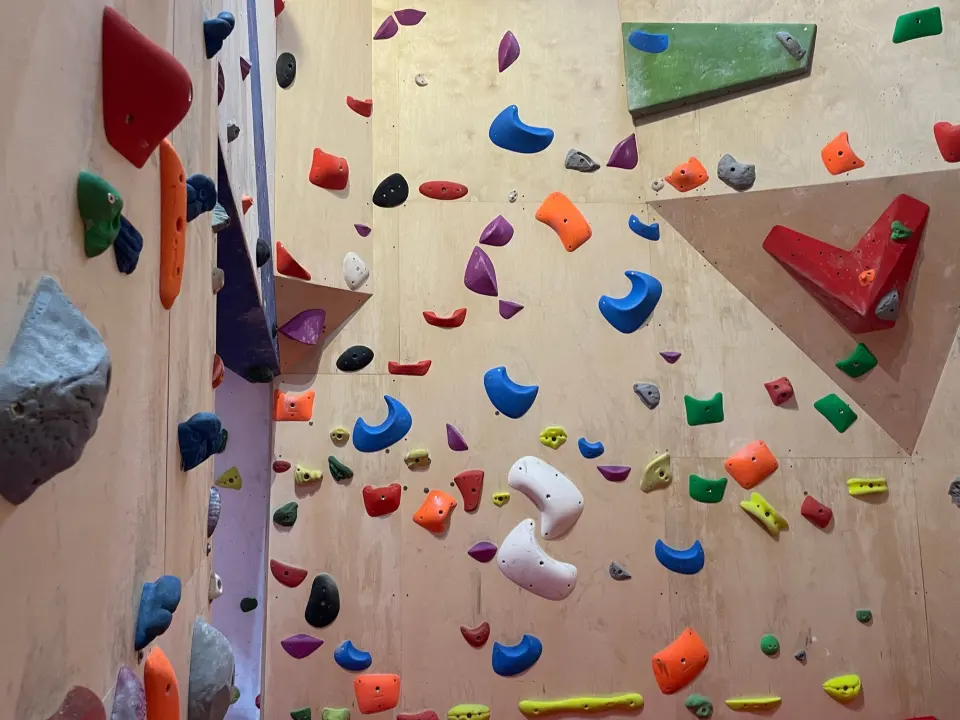 Plywood bouldering walls covered in colourful holds and volumes