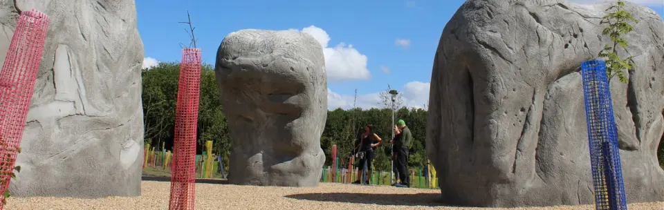 Several of the artificial boulders in the park