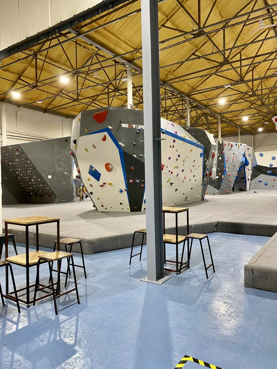 Seating on the mezzanine overlooking the bouldering blocks
