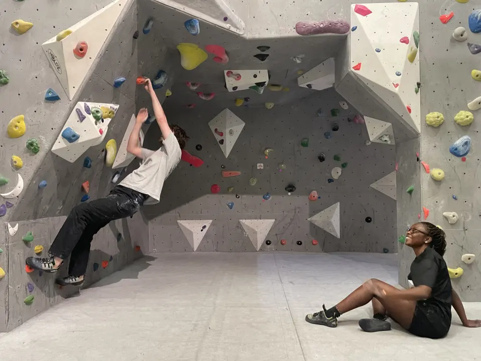 Bouldering wall with grey panels and white volumes