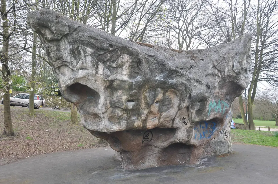 The sculpted Cemetery Road boulder with its pocketed overhangs