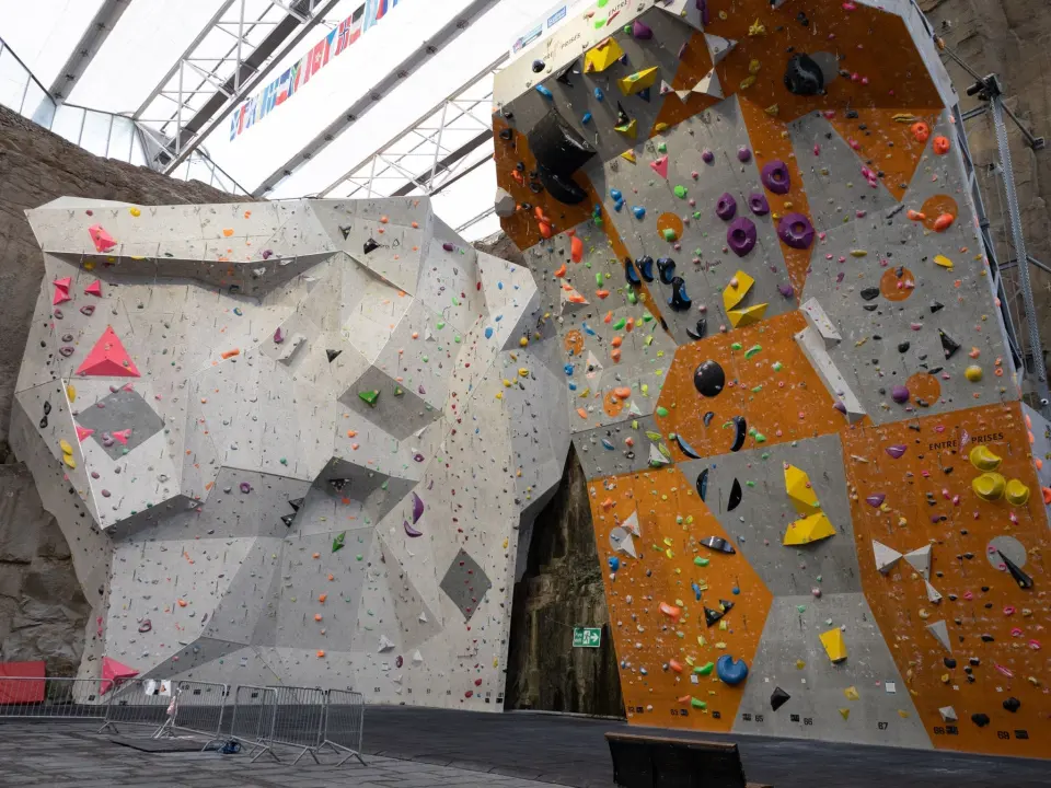 The competition lead wall and boulders in the main arena at the Edinburgh International Climbing Arena, Ratho
